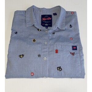 Superdry Womens Long Sleeve Shirt L Madison Blue Embroidered Denim Button